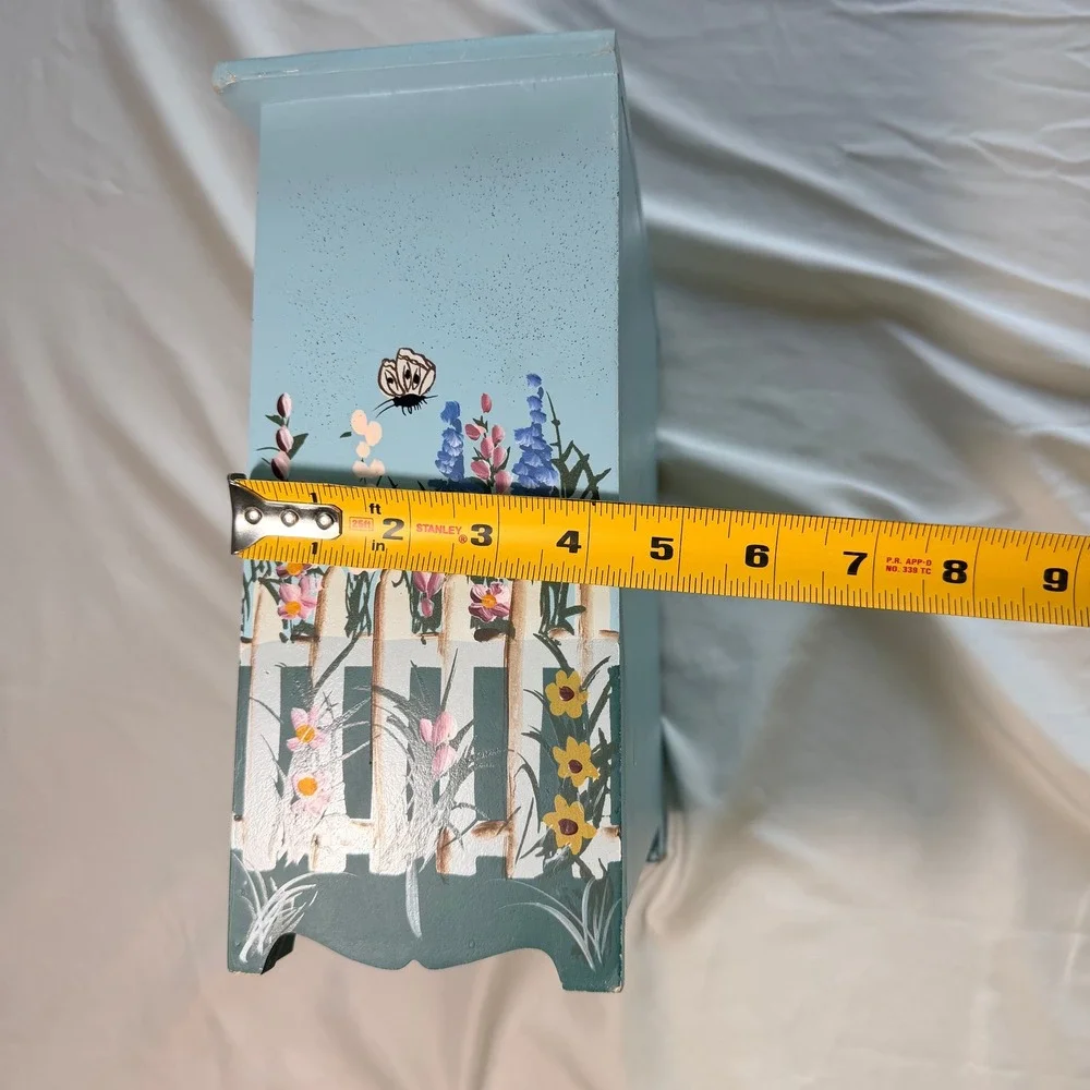 Hand Painted Wooden Jewelry Chest 4 Drawer Floral Garden Picket Fence Blue Box